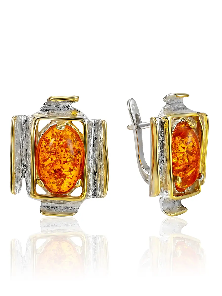 картинка Стильные серьги «Бубинга» с натуральным золотистым янтарём в онлайн магазине