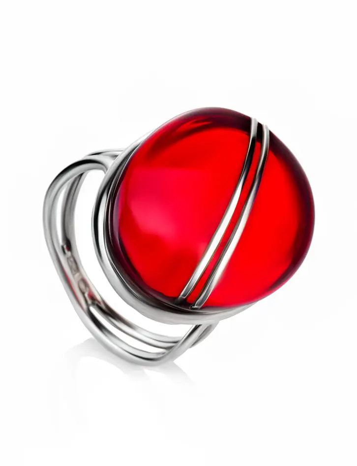 картинка Стильное крупное кольцо с красным янтарём «Сангрил» в онлайн магазине