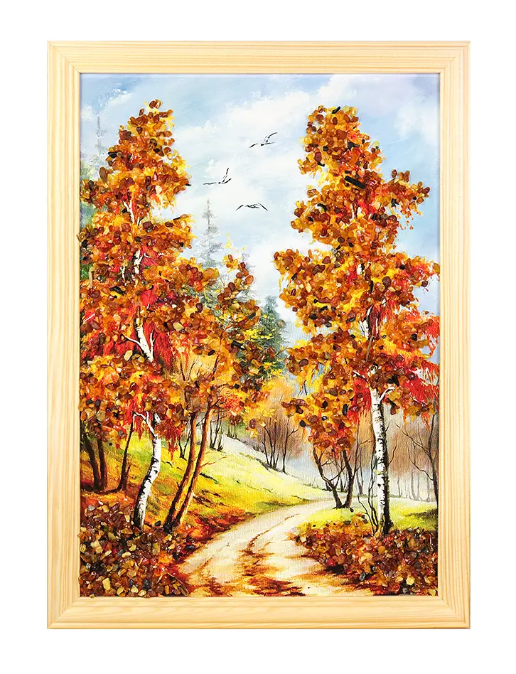 картинка Осенний пейзаж, украшенный натуральным балтийским янтарём «Берёзовая аллея» 32 (В) х 23 (Ш) в онлайн магазине
