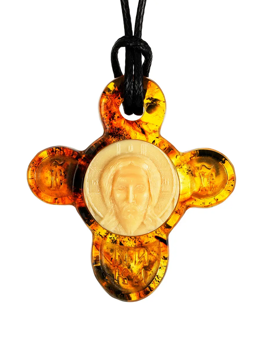 картинка Резной крест из натурального формованного янтаря и кости мамонта в онлайн магазине