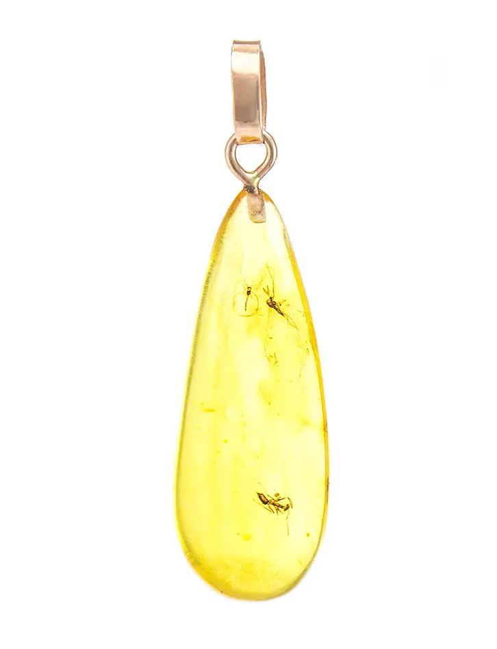 картинка Подвеска в форме капли из лимонного янтаря с инклюзами насекомых и золота в онлайн магазине