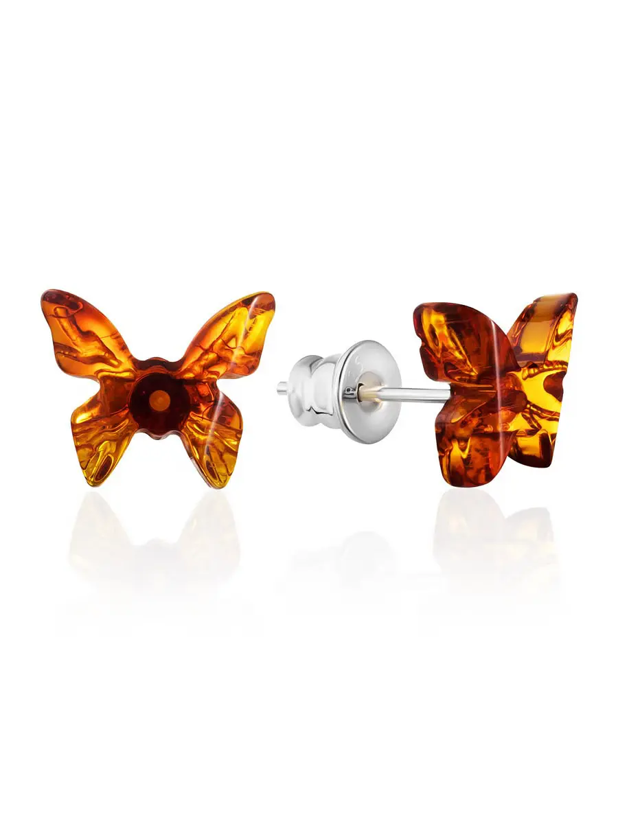 картинка Серьги-гвоздики из натурального балтийского янтаря коньячного цвета «Бабочки» из коллекции «Апрель» в онлайн магазине