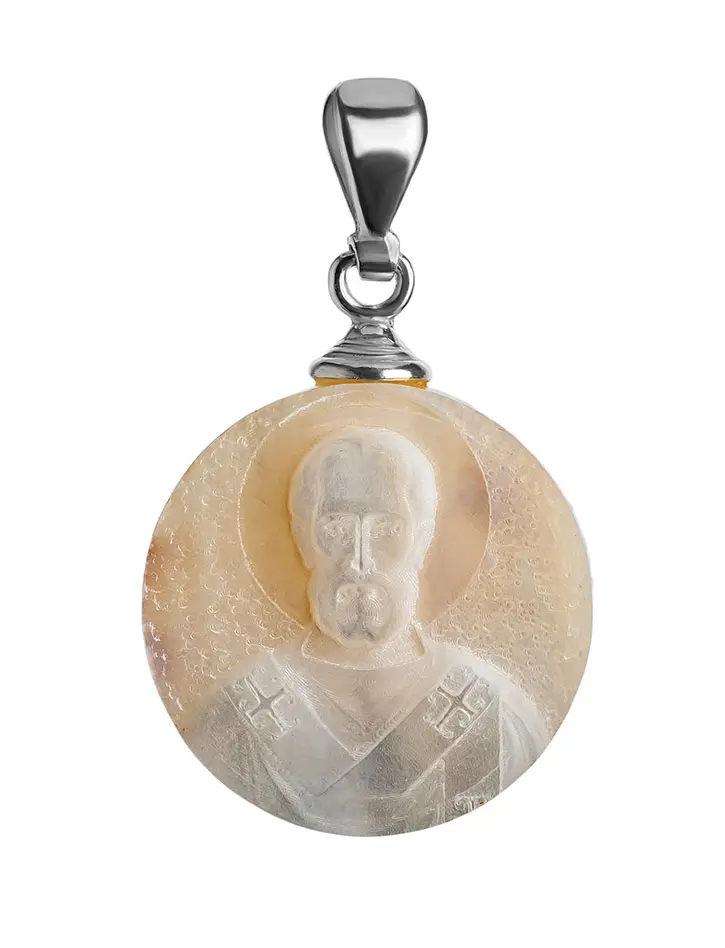 картинка Эксклюзивный кулон-иконка из натурального янтаря и перламутра с резьбой «Николай Чудотворец» в онлайн магазине