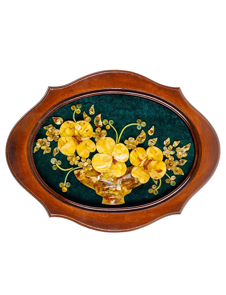 картинка Горизонтальное овальное панно из натурального янтаря «Ваза с орхидеями» 42 х 32 см в онлайн магазине