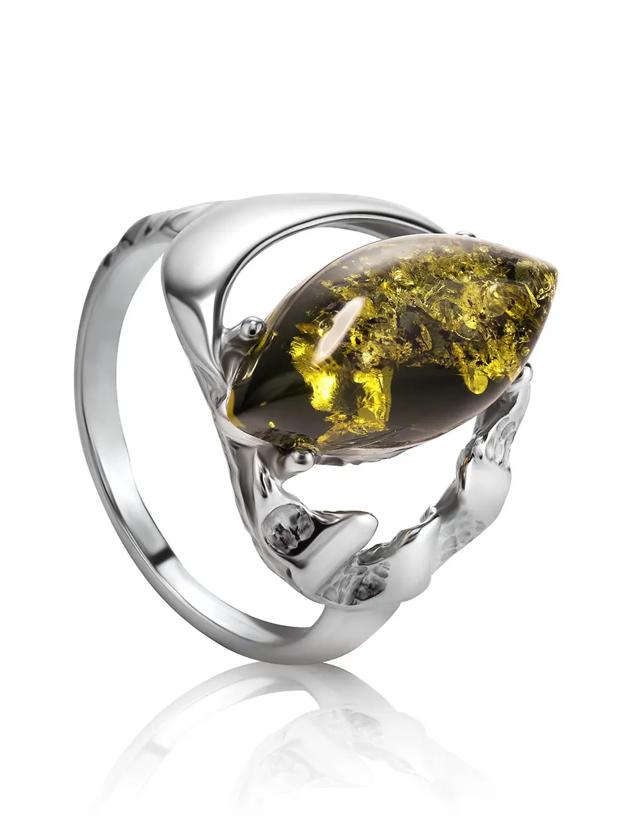 картинка Оригинальное кольцо «Рапсодия» из серебра и янтаря зелёного цвета в онлайн магазине
