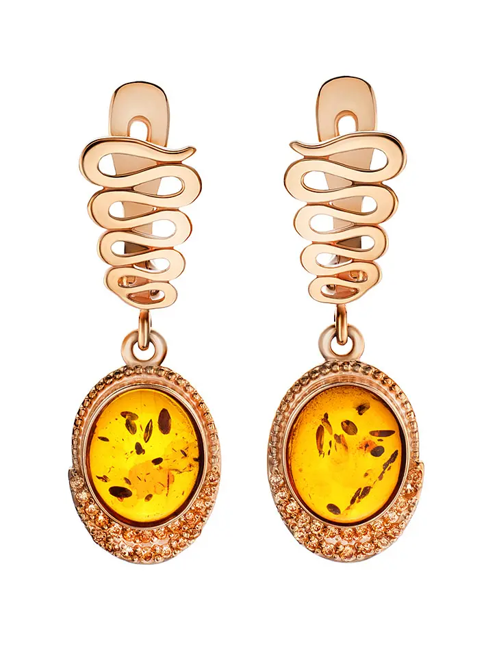 картинка Подвесные серьги из золота с натуральным янтарём коньячного цвета и фианитами «Ренессанс» в онлайн магазине