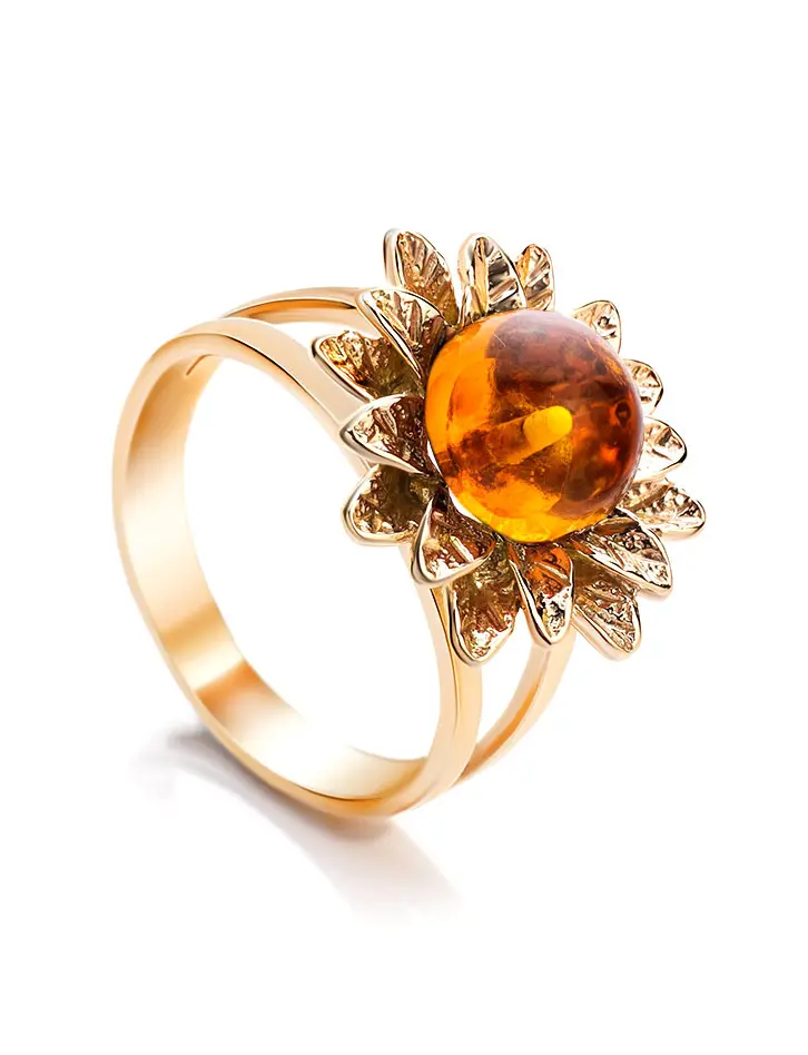 картинка Эффектное яркое кольцо «Астра» с натуральным коньячным янтарём в онлайн магазине