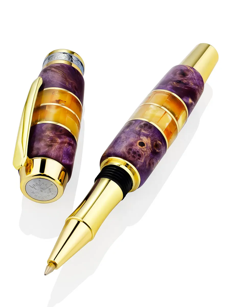 картинка Необычная ручка в корпусе из стабилизированной карельской берёзы и янтаря в онлайн магазине