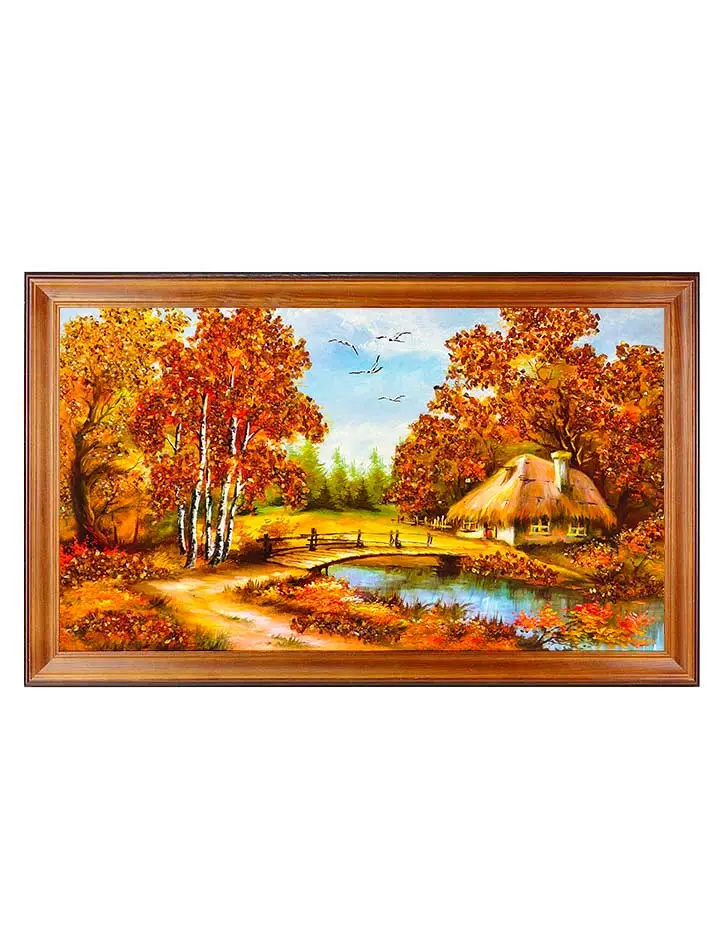 картинка Горизонтальное панно с натуральным янтарём «Домик у реки» в онлайн магазине