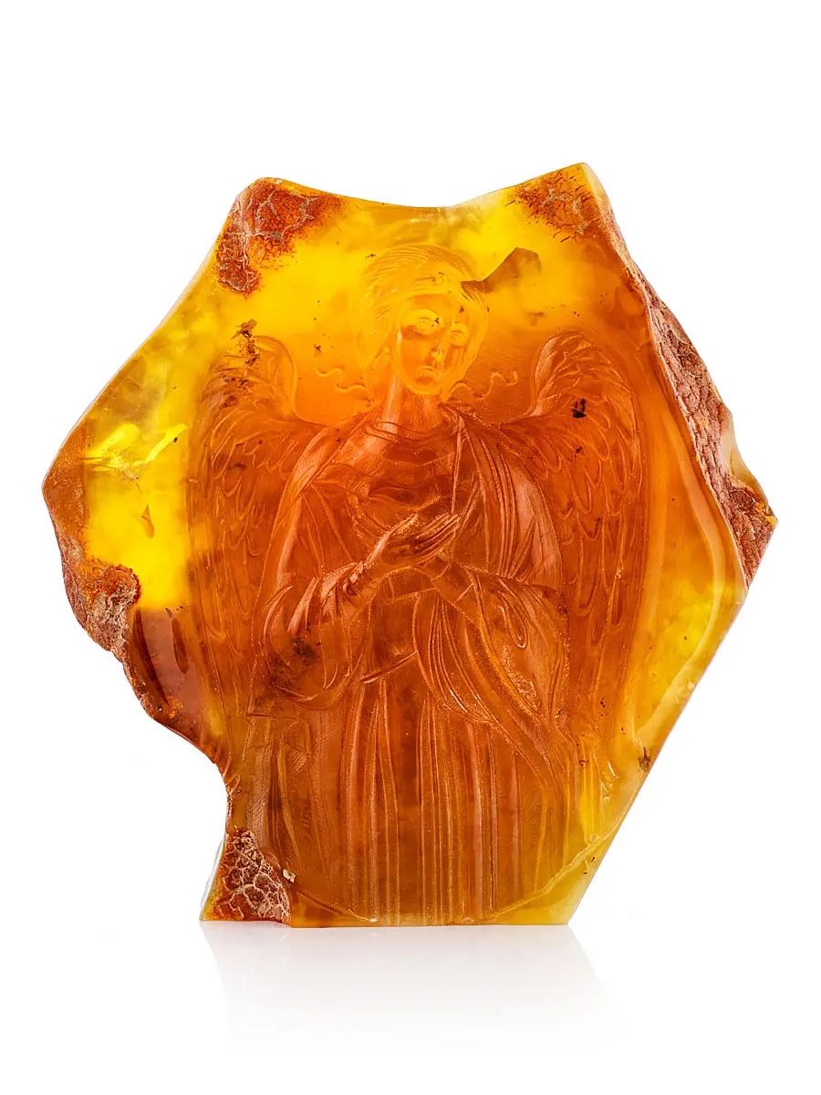 картинка Резная икона «Ангел-Хранитель» на цельном крупном кусочке натурального янтаря в онлайн магазине