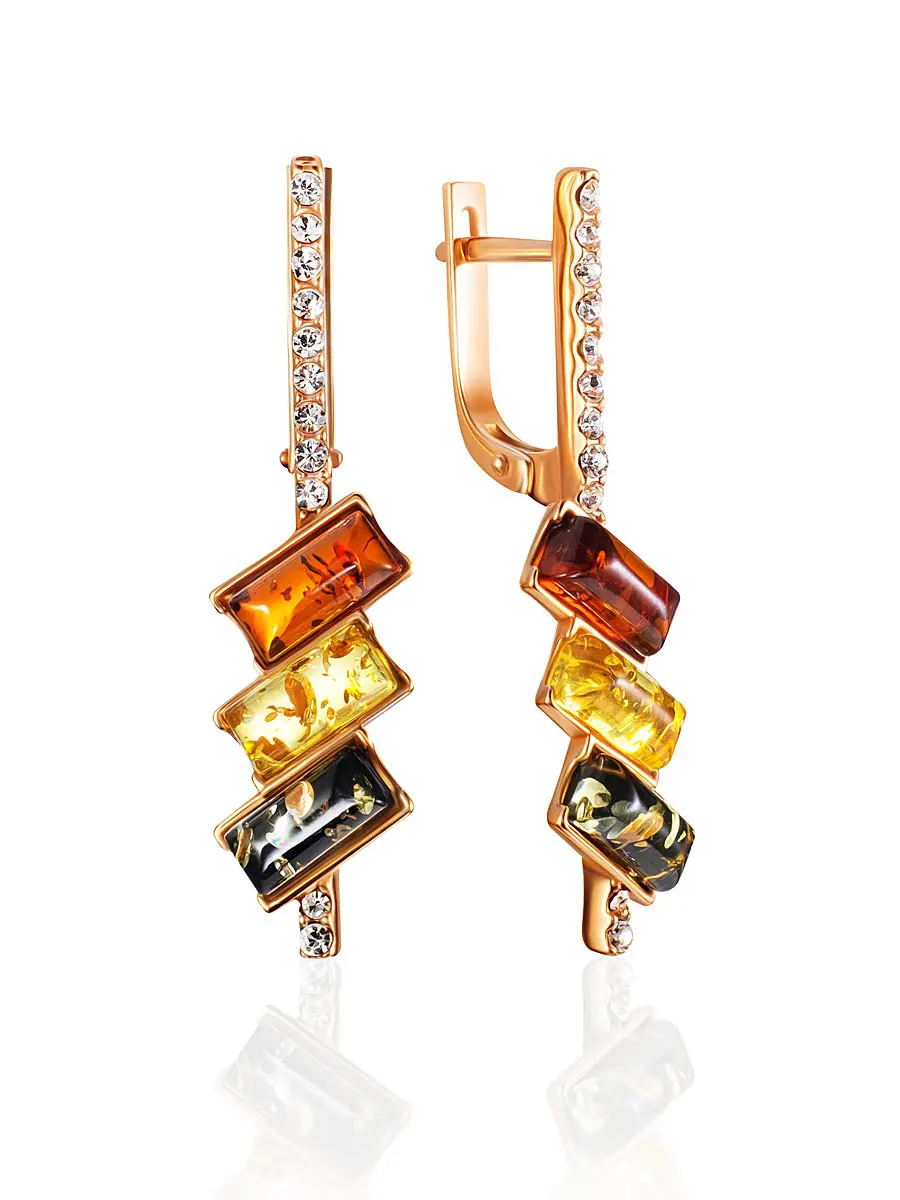 картинка Роскошные серьги с янтарём разных оттенков и кристаллами «Мозаика» в онлайн магазине