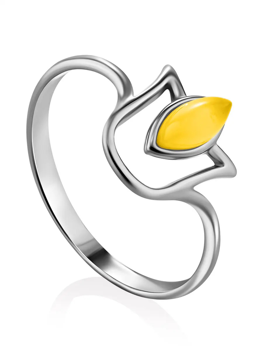 картинка Тонкое нежное кольцо «Тюльпан» из серебра и янтаря медового цвета в онлайн магазине