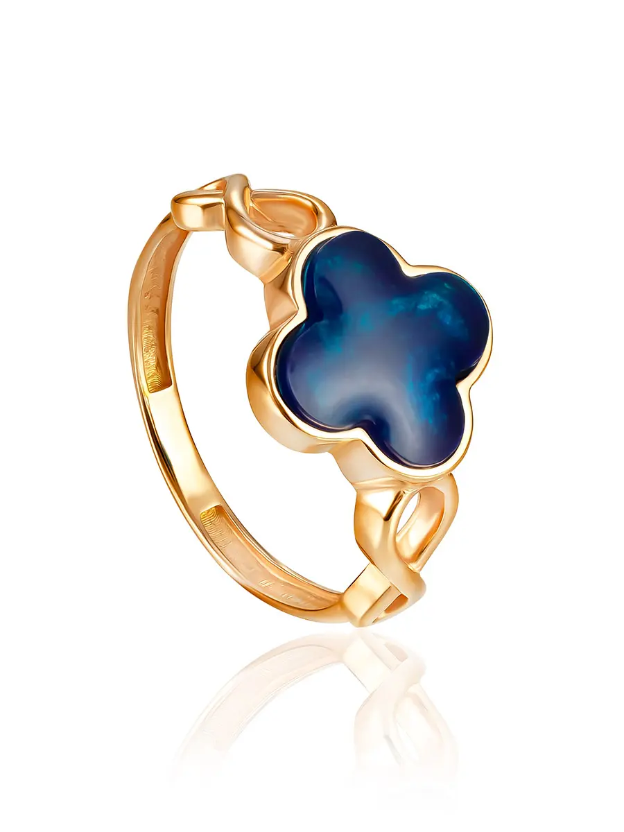 картинка Модное позолоченное кольцо с синим янтарём «Монако» в онлайн магазине