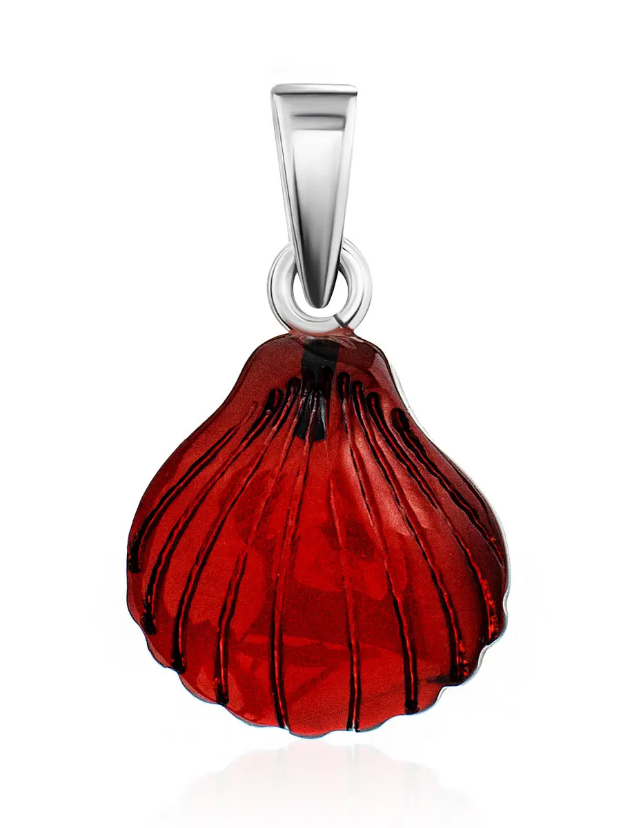картинка Яркая подвеска из натурального янтаря тёмно-вишнёвого цвета «Ракушка» в онлайн магазине