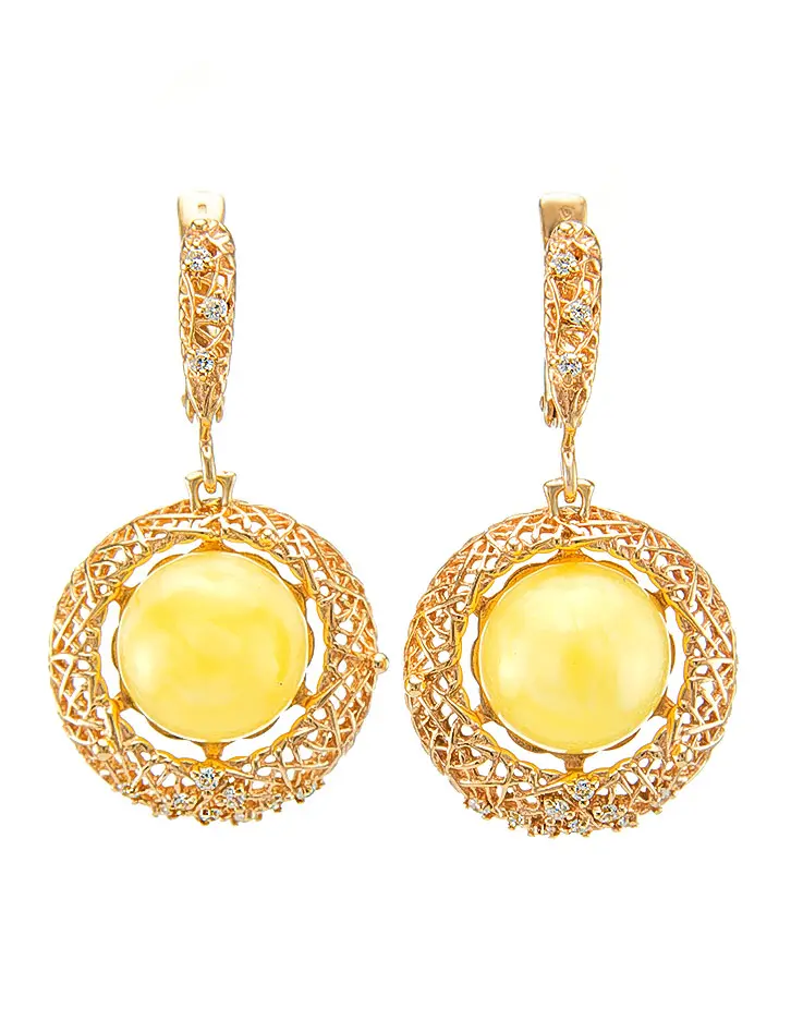 картинка Эффектные серьги «Венера» из золота с цельным янтарём и кристаллами в онлайн магазине