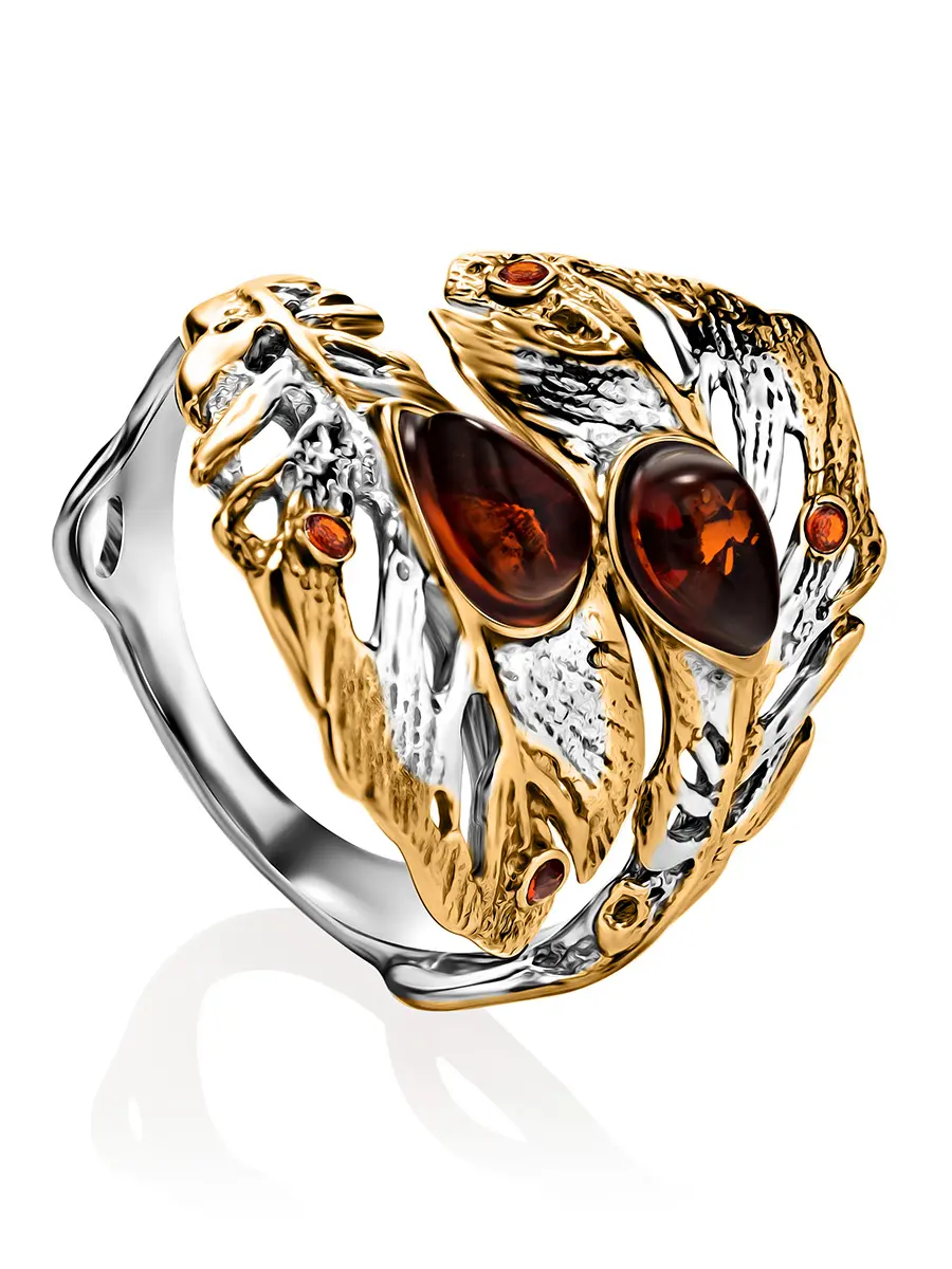 картинка Роскошное кольцо «Павлин», украшенное коньячным янтарём в онлайн магазине
