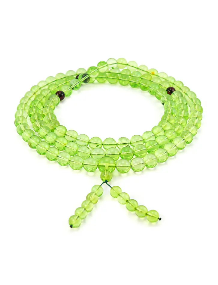 картинка Длинные крупные четки из колумбийского янтаря на 108 бусин-шаров светло-зеленого цвета в онлайн магазине