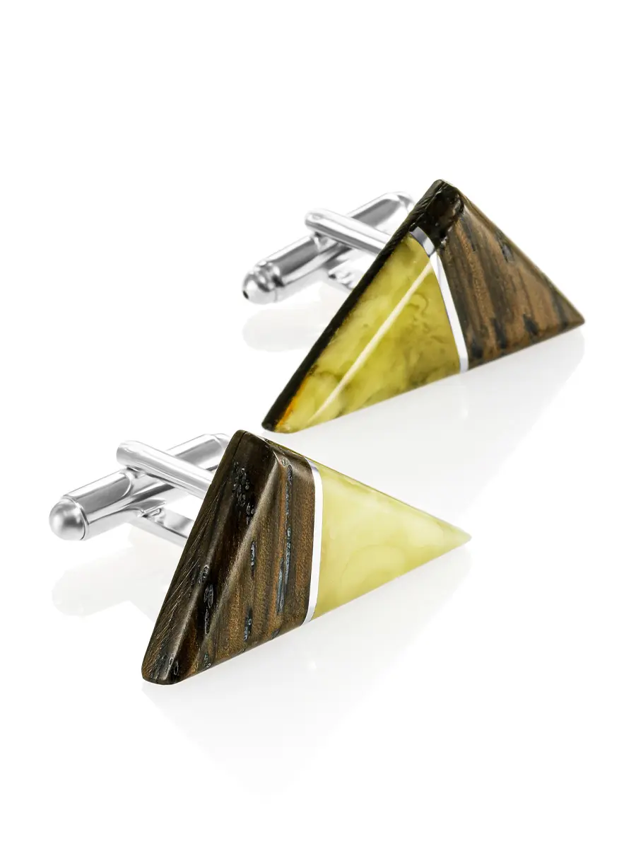 картинка Оригинальные треугольные запонки из дерева и натурального янтаря «Индонезия» в онлайн магазине