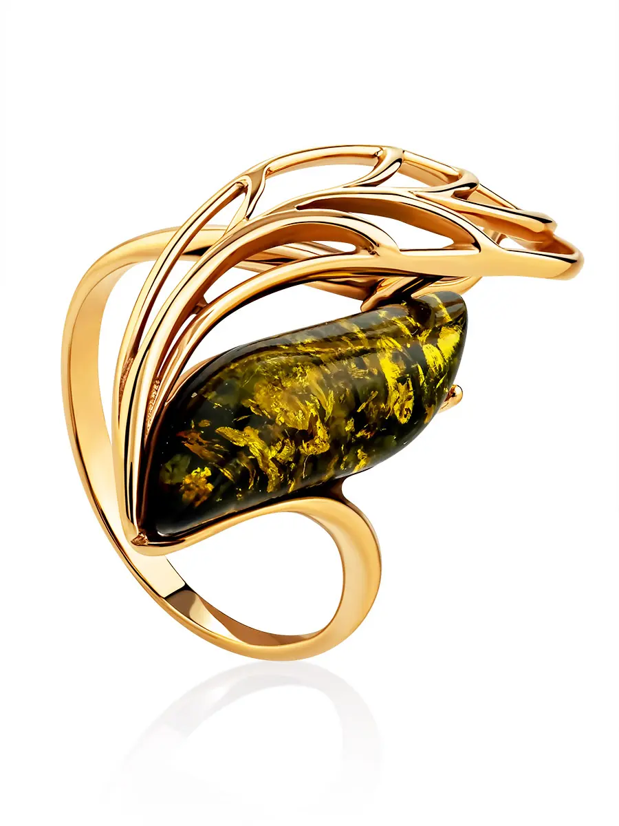 картинка Изысканное позолоченное кольцо с зелёным янтарём «Веста» в онлайн магазине