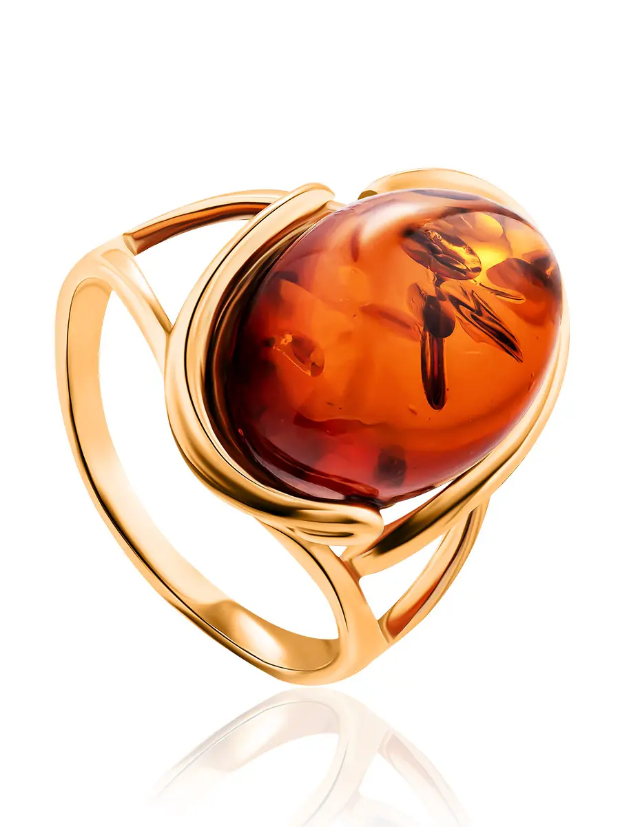 картинка Кольцо «Штраус» из золота и натурального искрящегося янтаря коньячного цвета в онлайн магазине