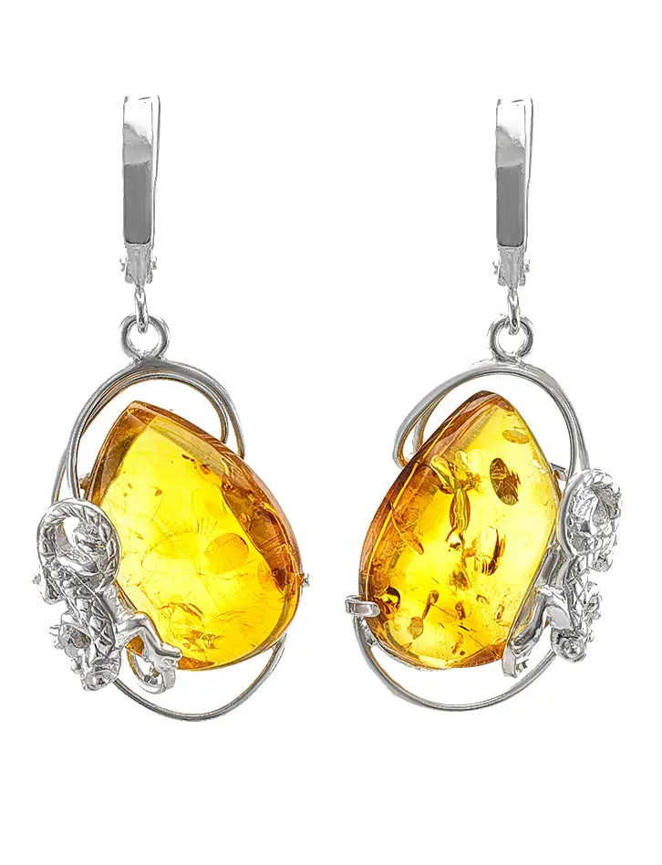 картинка Необычные серьги из серебра с натуральным золотистым янтарём «Караваджо» в онлайн магазине