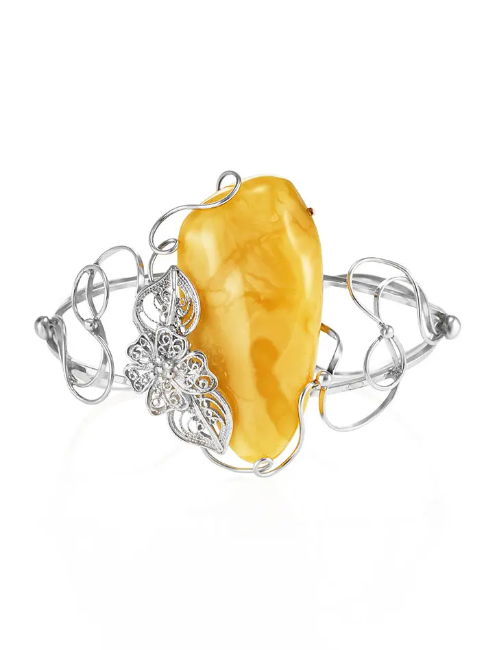 картинка Роскошный серебряный браслет с пейзажным янтарем медового цвета «Филигрань» в онлайн магазине