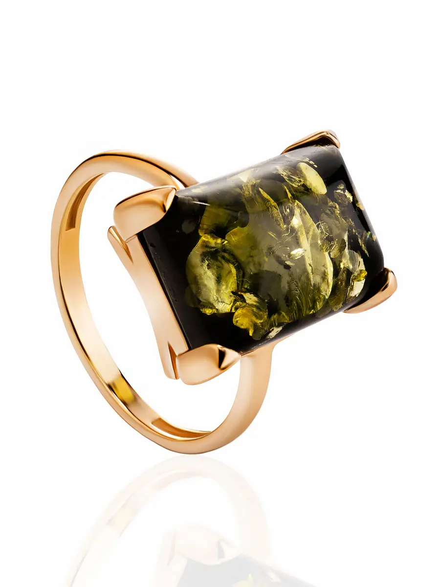 картинка Стильное кольцо с натуральным балтийским янтарём «Прямоугольник зелёный» в онлайн магазине
