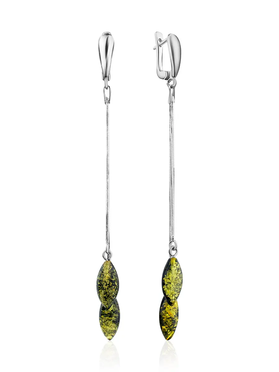 картинка Изящные удлинённые серьги-цепочки с янтарём зелёного цвета «Листочки» в онлайн магазине