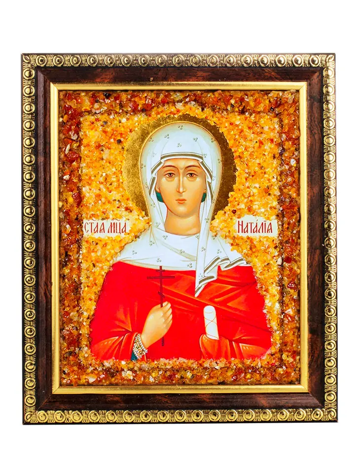 картинка Именная икона, украшенная натуральным янтарём «Святая мученица Наталия» в онлайн магазине