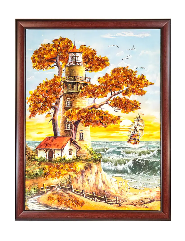 картинка Вертикальная картина с россыпью натурального балтийского янтаря «Маяк на скале» в онлайн магазине