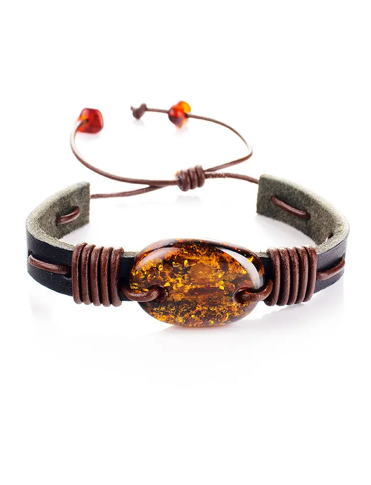 картинка Кожаный браслет в стиле унисекс с натуральным искрящимся янтарём «Копакабана» в онлайн магазине