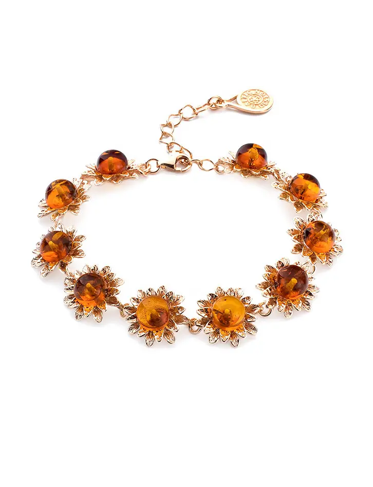 картинка Женственный позолоченный браслет с натуральным цельным янтарём «Астра» в онлайн магазине