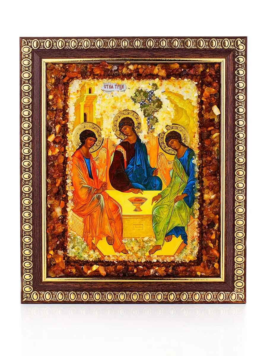 картинка Икона «Святая Троица», украшенная натуральным янтарём в онлайн магазине