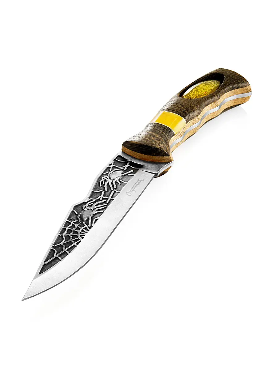 картинка Нож для пикников «Охотник», украшенный вставкой из янтаря с резьбой ручной работы в онлайн магазине