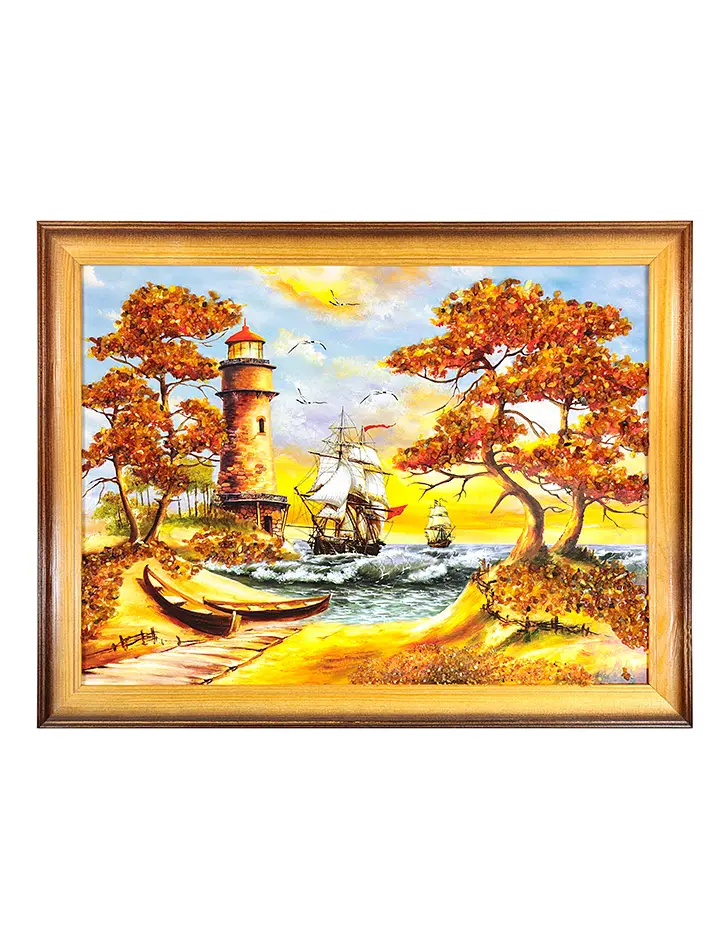 картинка Горизонтальное панно с натуральным янтарем «Парусник и лодки» в онлайн магазине