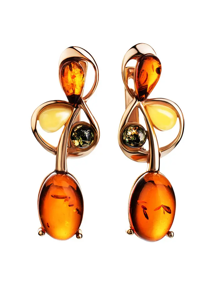 картинка Нарядные изящные серьги из золота с вставками из натурального янтаря трех цветов «Симфония» в онлайн магазине