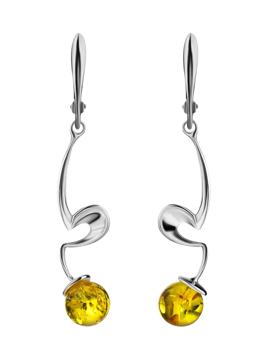 картинка Тонкие изящные серьги из серебра с натуральным лимонным янтарём «Лея» в онлайн магазине