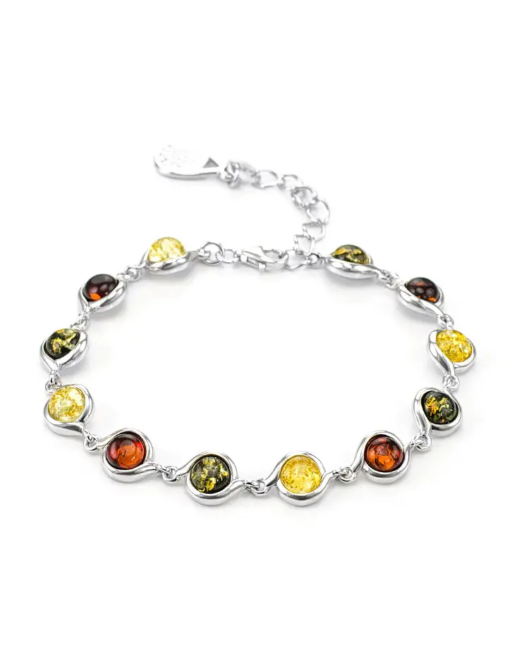 картинка Яркий браслет из серебра и натурального янтаря трёх цветов «Ягодка» в онлайн магазине