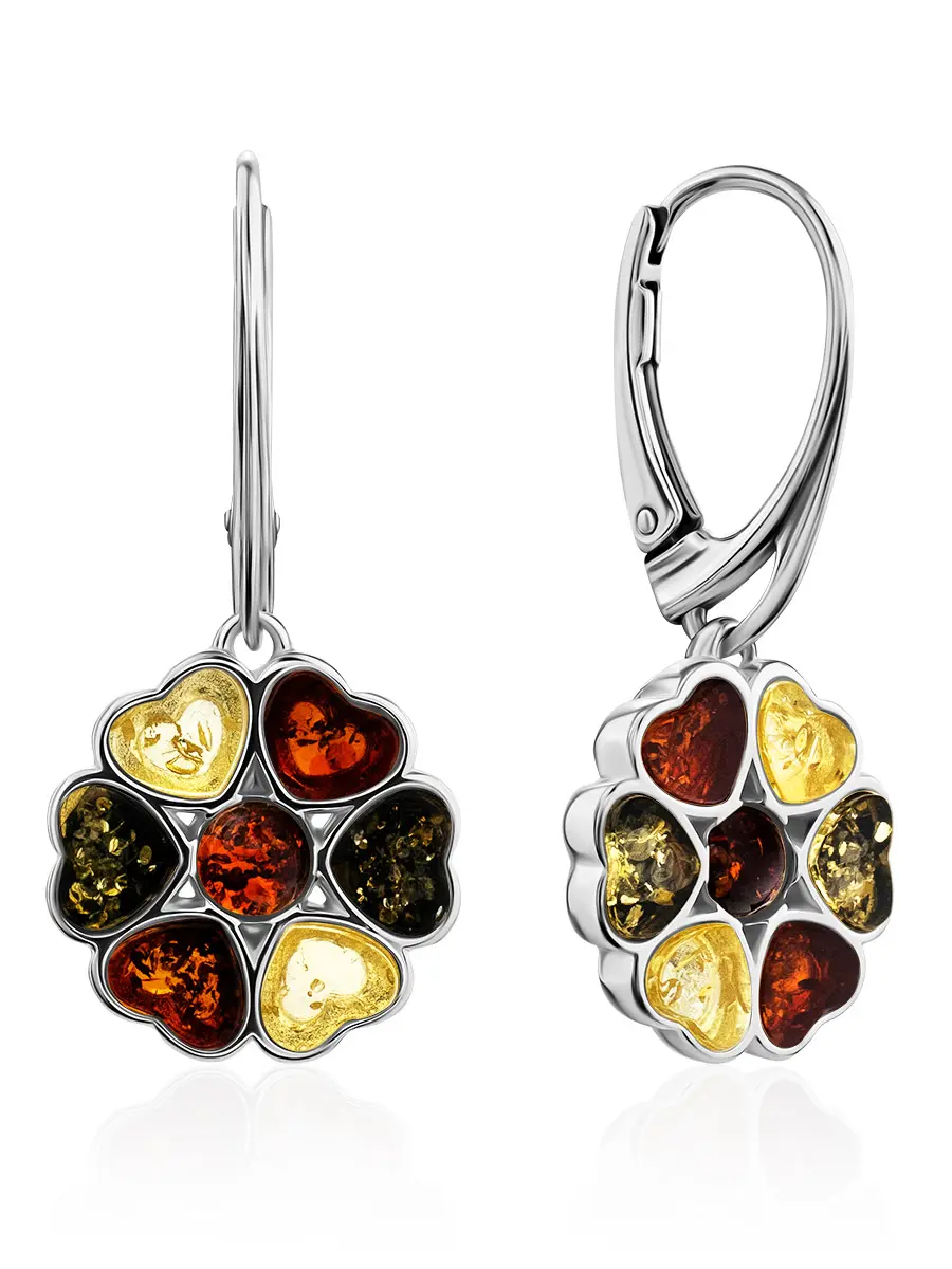картинка Яркие нарядные серьги «Апрель» из серебра и янтаря разных оттенков в онлайн магазине