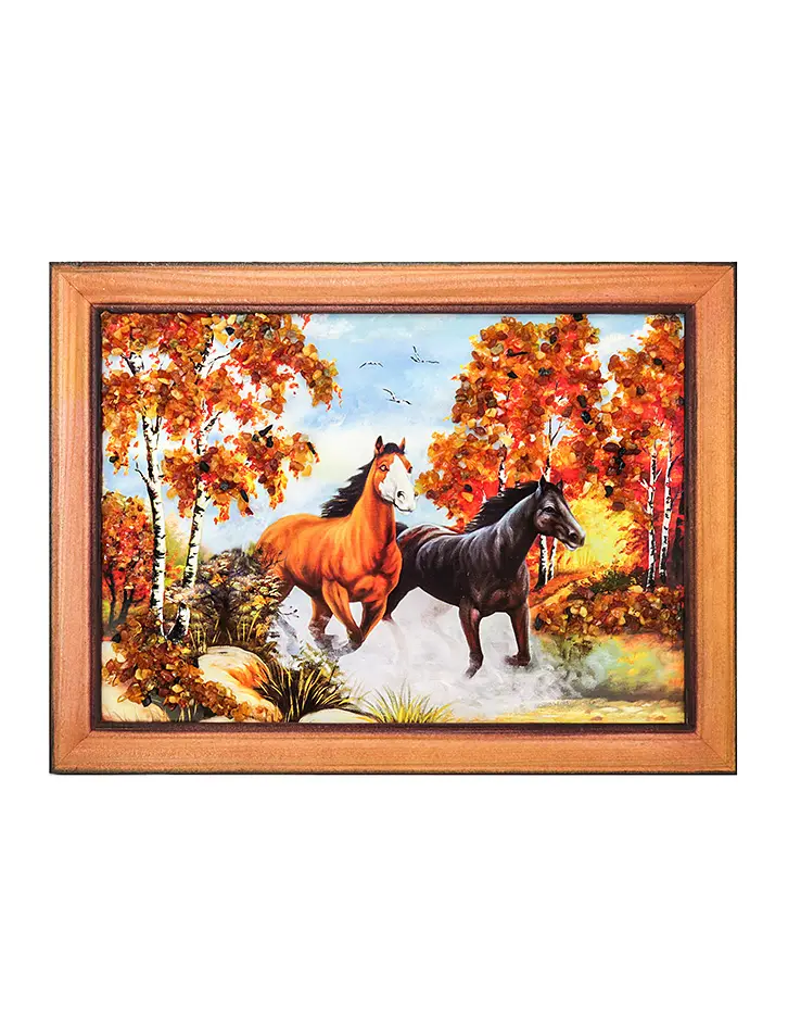 картинка Картина с анималистическим сюжетом, украшенная натуральным янтарём «Лошади» 17 (В) х 24 (Ш) в онлайн магазине