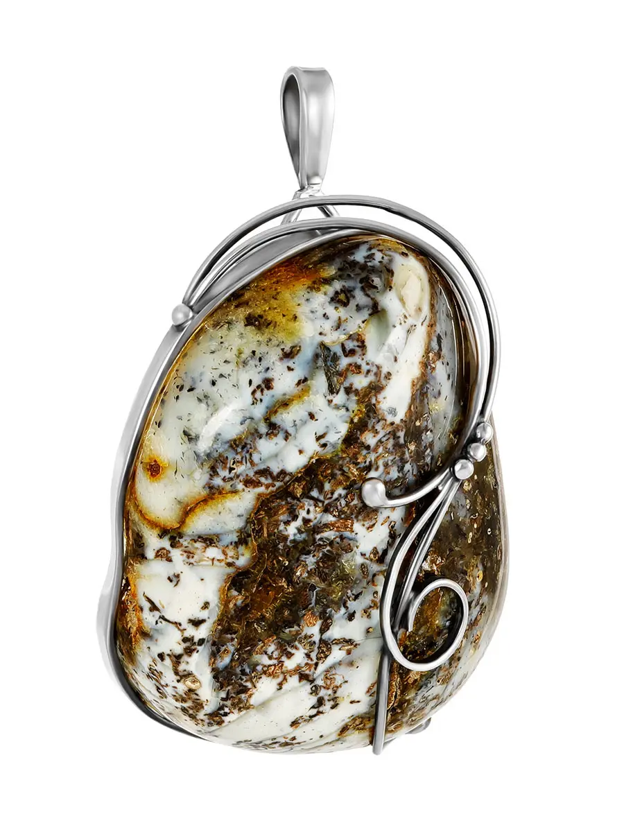 картинка Серебряная брошь с цельным текстурным янтарём «Риальто» в онлайн магазине
