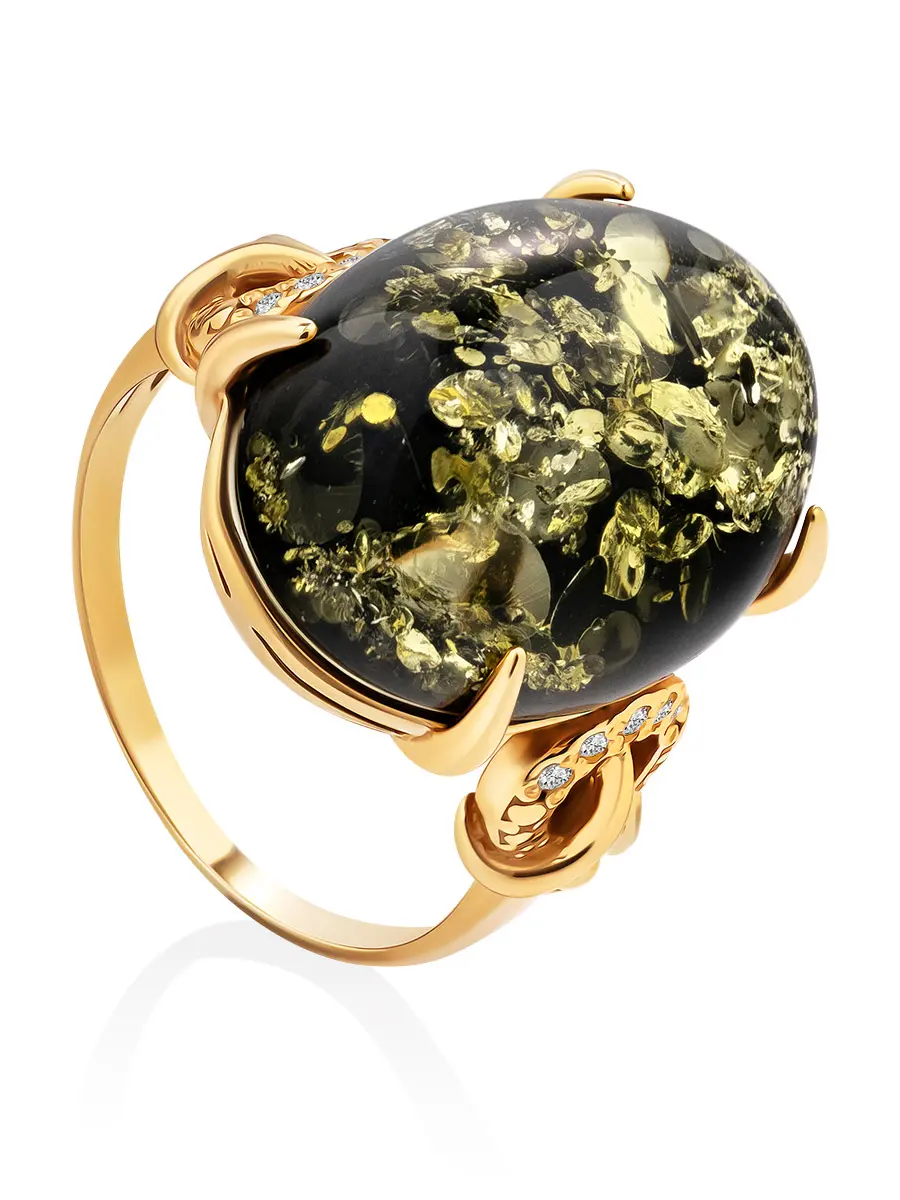 картинка Эффектное кольцо из позолоченного серебра с янтарём зелёного цвета «Македония» в онлайн магазине