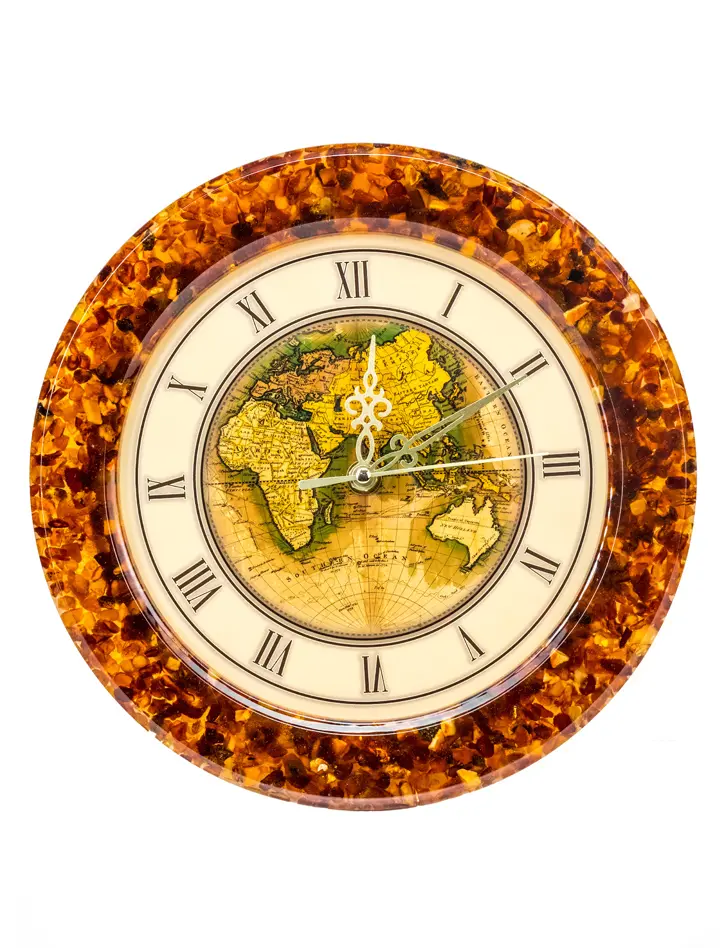 картинка Круглые настенные часы в янтарной рамке «Карта мира» в онлайн магазине