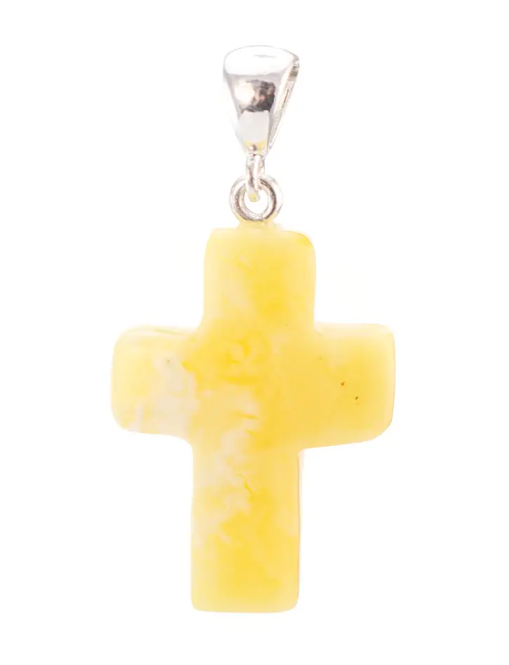 картинка Небольшая подвеска «Крестик» из натурального цельного янтаря медового цвета с пейзажной текстурой в онлайн магазине