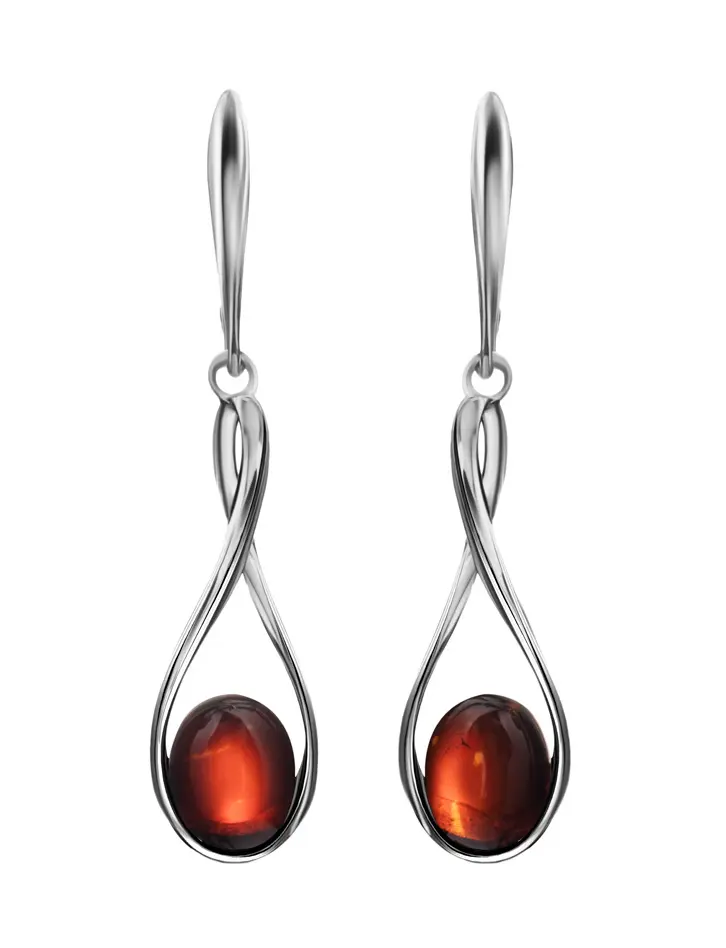 картинка Удлинённые серьги из серебра и цельного вишнёвого янтаря «Примавера» в онлайн магазине