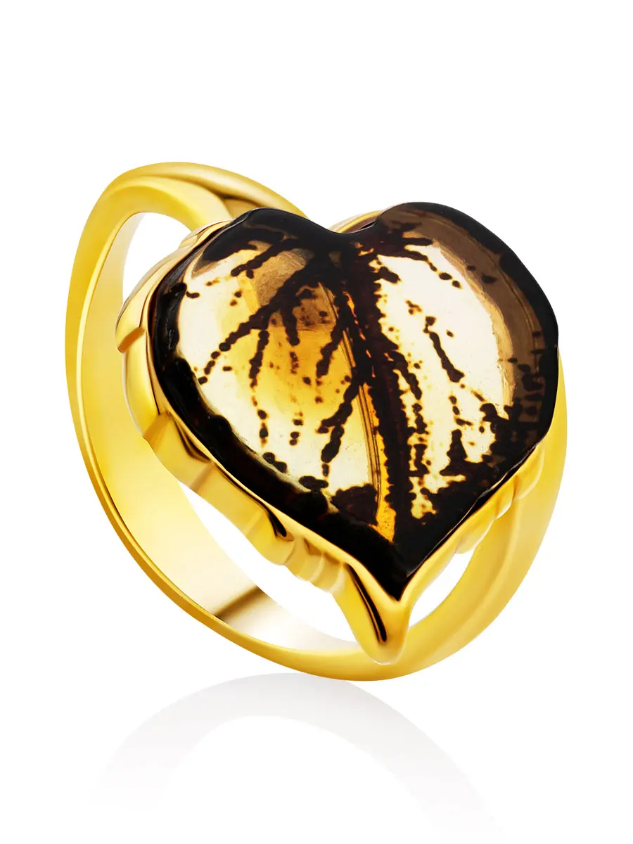 картинка Эффектное кольцо «Липка» из позолоченного серебра и натурального янтаря в онлайн магазине