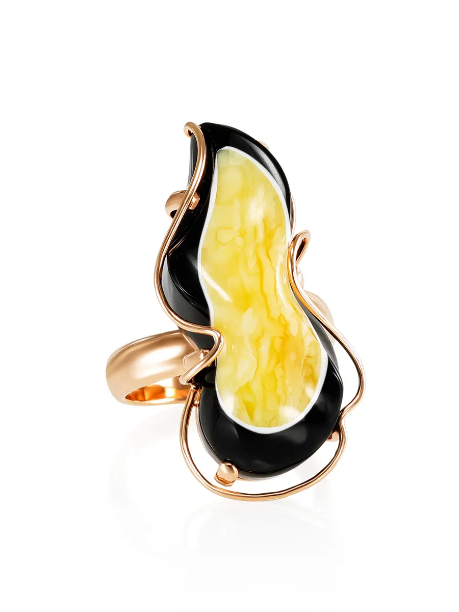 картинка Оригинальное позолоченное кольцо с натуральным медовым янтарём «Пантера» в онлайн магазине