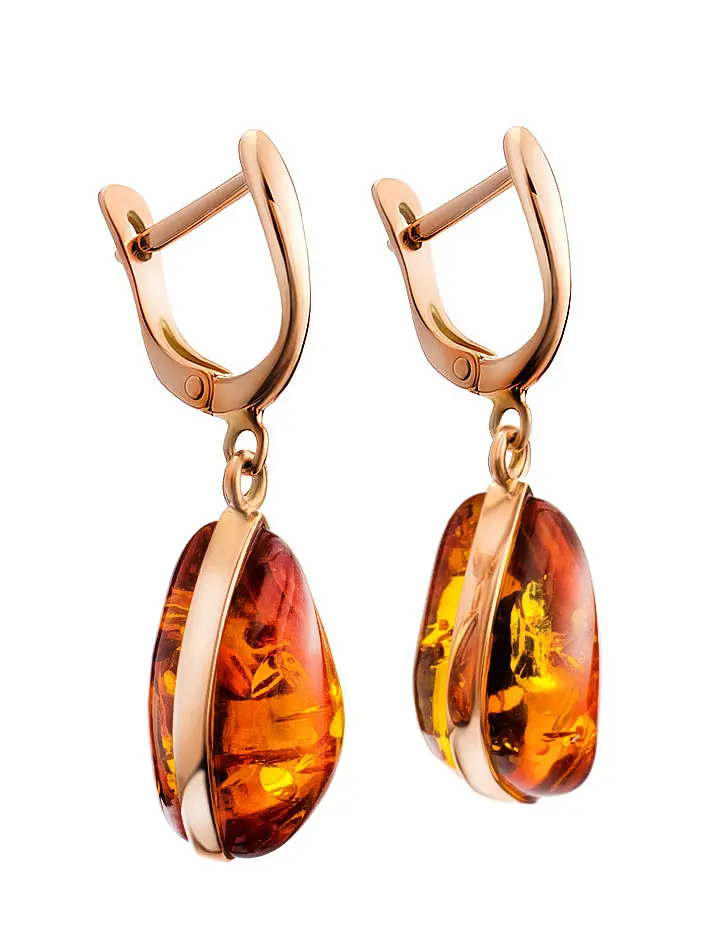 картинка Серьги «Лагуна» из золота и сияющего цельного янтаря коньячного цвета в онлайн магазине