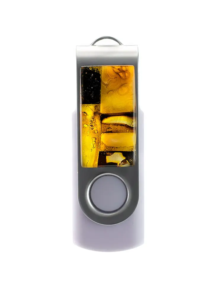 картинка USB-флэш-накопитель в белом корпусе с мозаикой из натурального янтаря в онлайн магазине