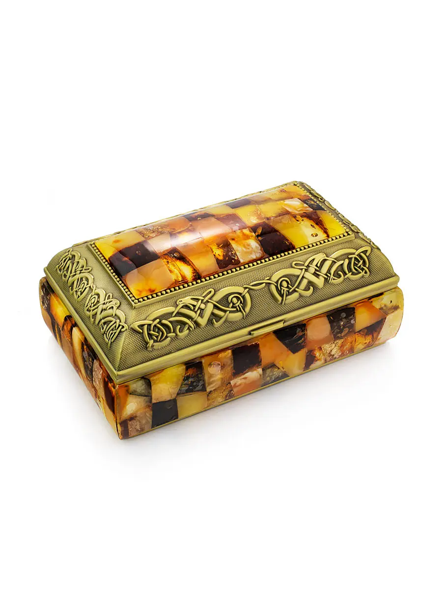 картинка Шкатулка для украшений из латуни, украшенная мозаикой из натурального янтаря в онлайн магазине